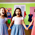 A joyful group of young French children singing and dancing along to Kongsuni songs in a brightly colored playroom. The scene should depict a typical French home setting.