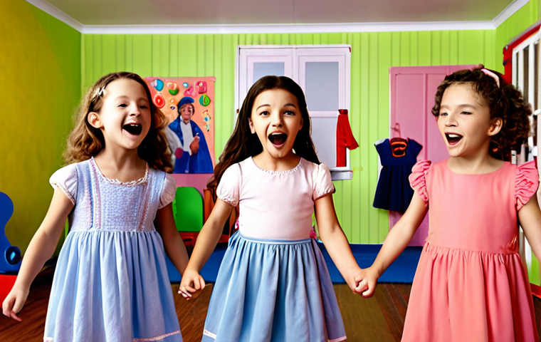 A joyful group of young French children singing and dancing along to Kongsuni songs in a brightly colored playroom. The scene should depict a typical French home setting.